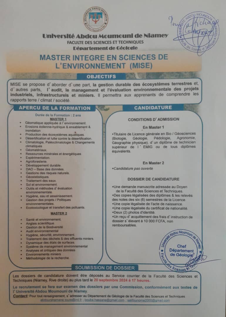 Appel à candidature Master Intégré en Sciences de l'Environnement ( MISE)