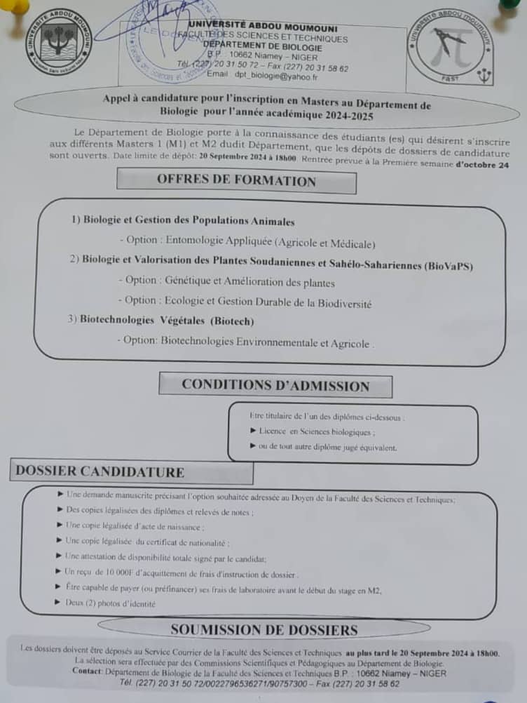  Appel à candidature pour l'inscription en Master au Département de Biologie pour l'année académique 2024-2025